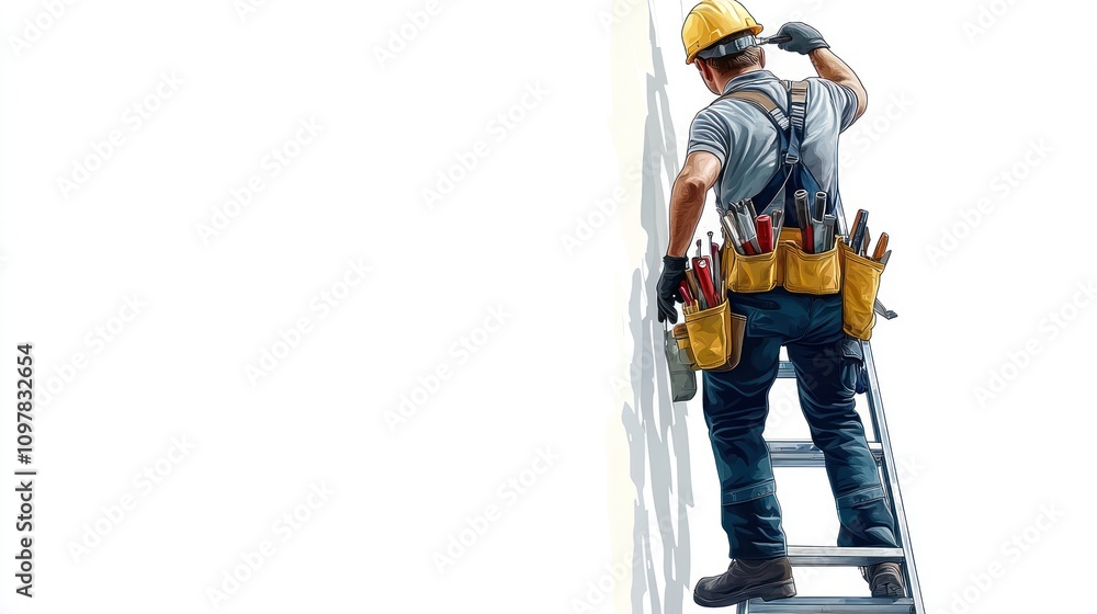 Construction Worker Illustration: A Detailed Image of a Craftsman on a Ladder Construction Worker Illustration: A Detailed Image of a Craftsman on a Ladder