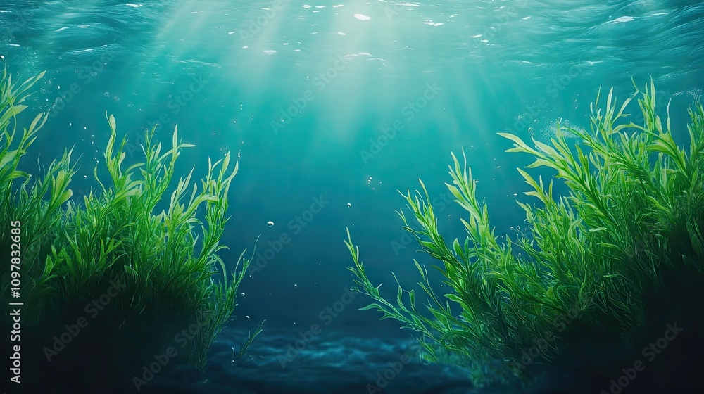 Obraz premium Beneath the tranquil waters, vibrant green seaweed sways gently under sunlit beams, creating a serene underwater landscape.