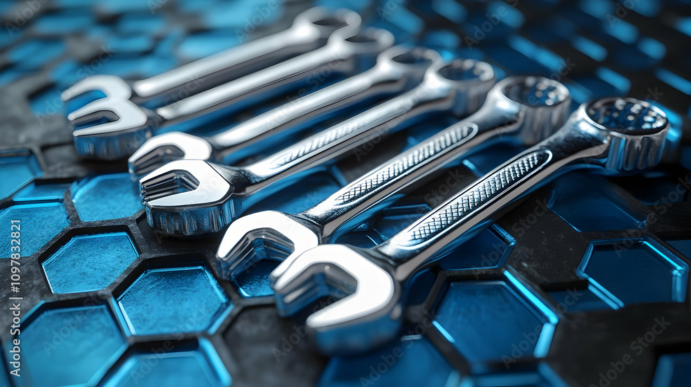 Fototapeta premium 3D Render of Chrome Wrenches on Blue Hexagon Background