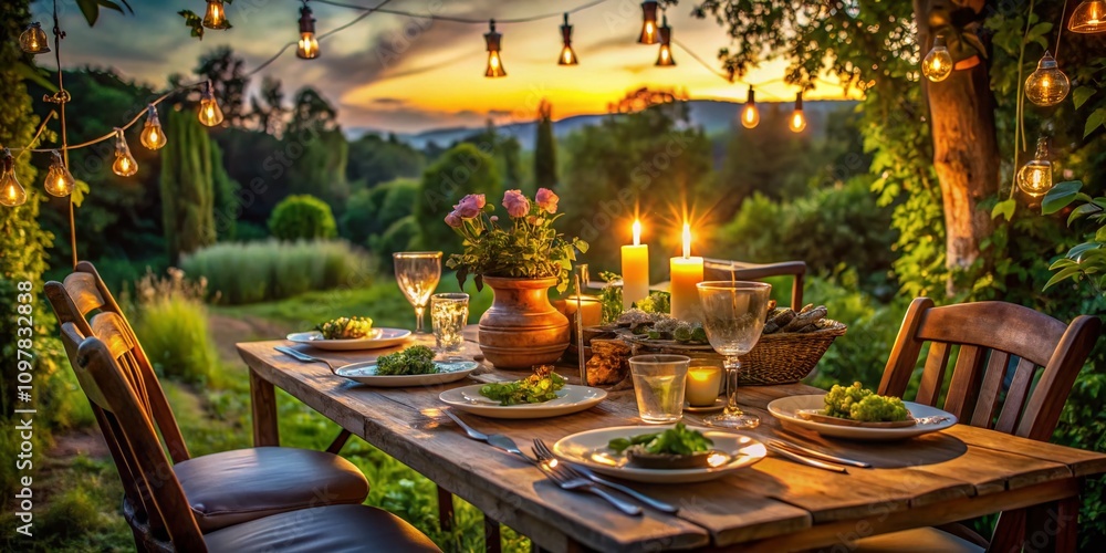 Obraz premium Cozy Countryside Dining Setup at Dusk with Soft Lighting - A Beautiful Low Light Photography of a Rustic Table Ready for Guests Amidst Nature's Serenity