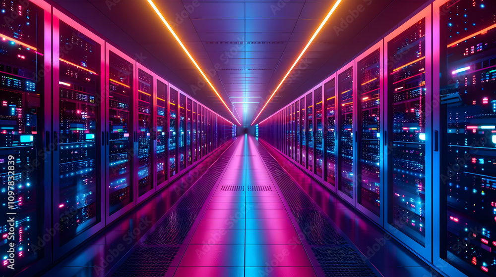 Neon-Lit Server Room 3D Illustration Neon-Lit Server Room 3D Illustration