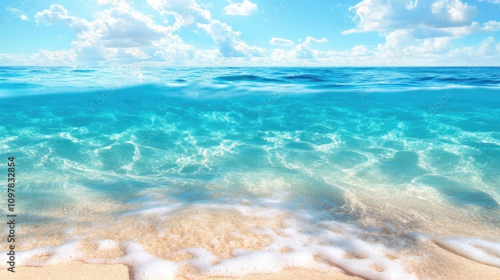 Obraz premium Vibrant blue ocean waves gently lap against a serene sandy beach under a bright sky.