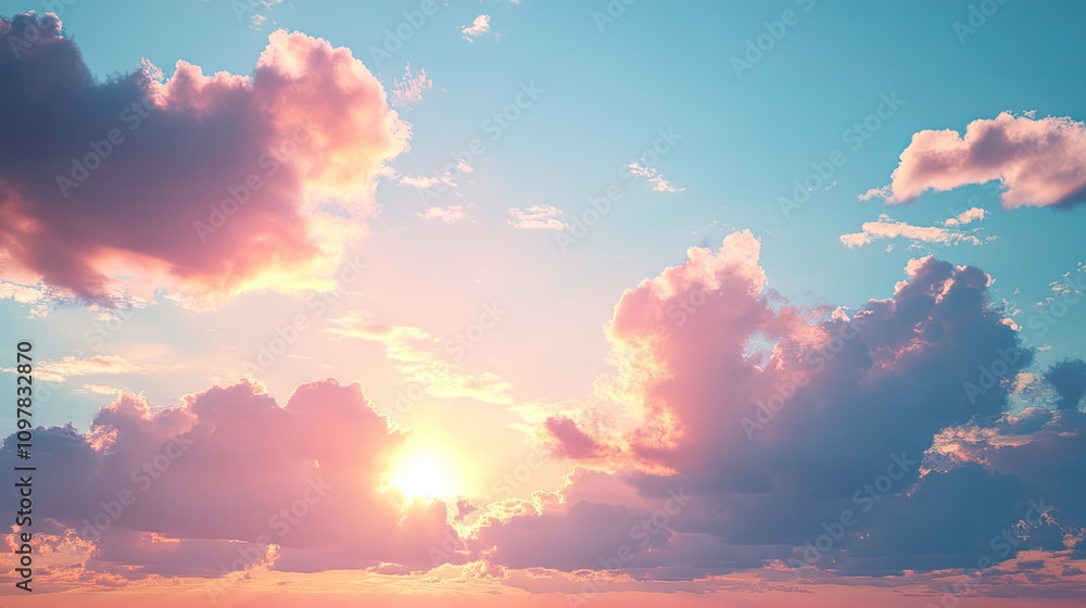 A vibrant sunset illuminating fluffy clouds in shades of pink and orange against a serene blue sky. A vibrant sunset illuminating fluffy clouds in shades of pink and orange against a serene blue sky.