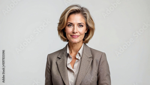 Portrait of a confident female senator in formal attire on a white background.