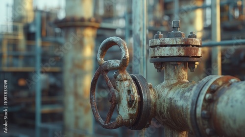 A rusty valve is shown in a dirty industrial setting