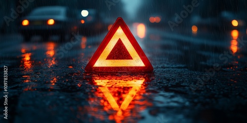 Red Warning Triangle Reflecting in Rain on Dark Road