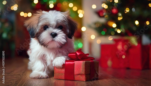 Cute Shih Tzu Puppy with Gift Under Christmas Lights