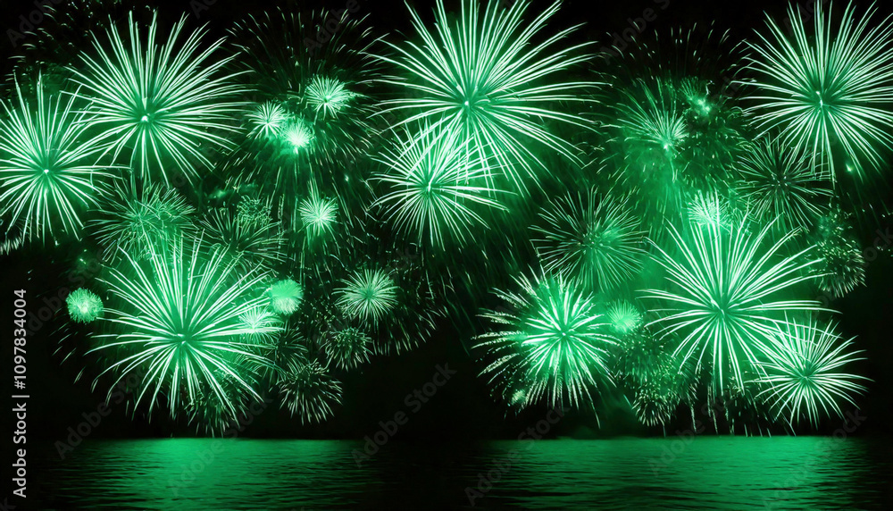 Fototapeta premium Green Fireworks Display Over Water At Night