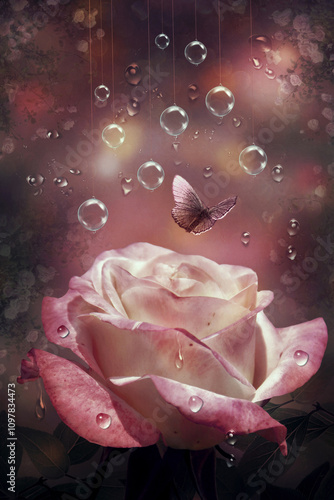 Rose flower with dew drops on a lilac background. Digital art.