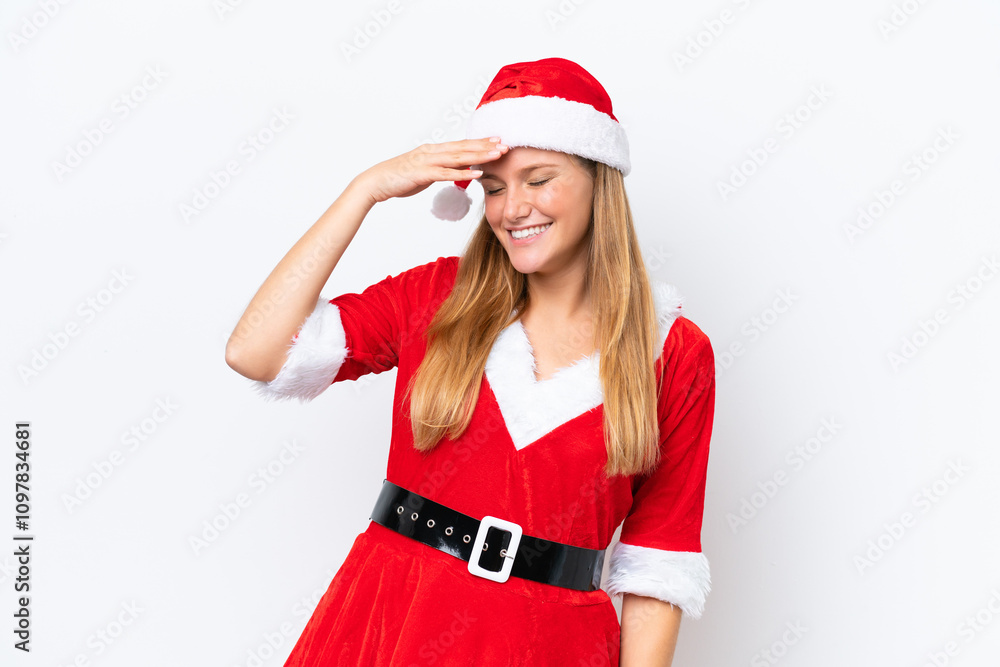 Young caucasian woman dressed as mama noel isolated on white background smiling a lot Young caucasian woman dressed as mama noel isolated on white background smiling a lot