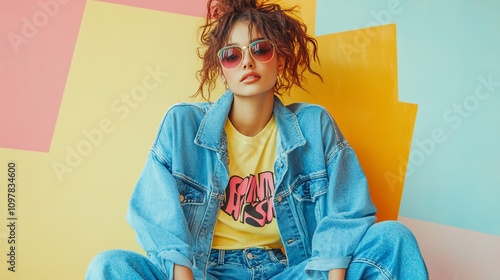 Cool girl in denim jacket and sunglasses against colorful background.