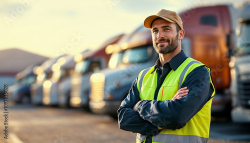 A confident male truck driver in uniform stands with arms crossed, exuding leadership.

 photo