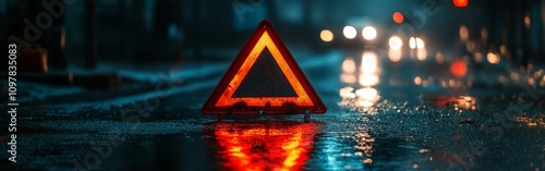 Red Emergency Triangle Reflecting on Rainy Road at Night