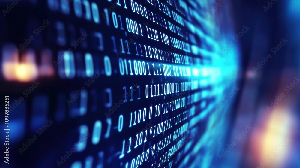 abstract code encryption process Concept. A close-up view of binary code displayed in a digital format, showcasing a blue and black color scheme, representing technology and data processing. abstract code encryption process Concept. A close-up view of binary code displayed in a digital format, showcasing a blue and black color scheme, representing technology and data processing.