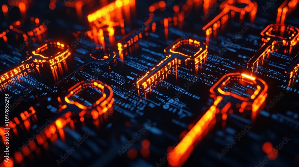 abstract code encryption process Concept. An abstract representation of glowing, circuit-like keys on a dark background, symbolizing technology and digital security. abstract code encryption process Concept. An abstract representation of glowing, circuit-like keys on a dark background, symbolizing technology and digital security.
