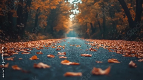 Road lined with autumn leaves in a quiet forest, perfect for a seasonal journey