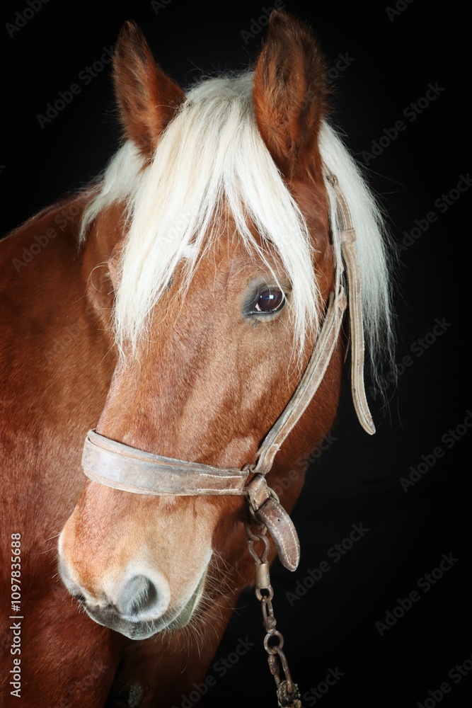 Fototapeta premium Portrait of a Comtois draft horse against a black background