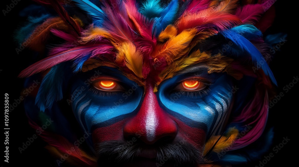 Colorful feathered mask with glowing eyes. Colorful feathered mask with glowing eyes.