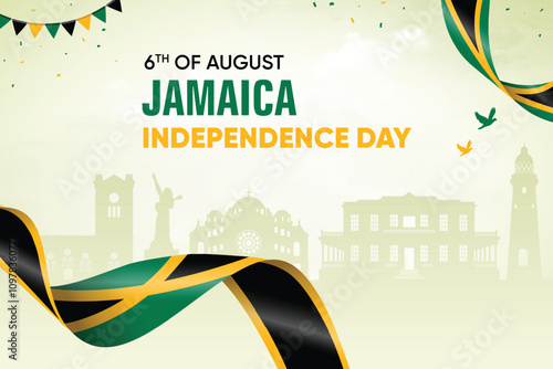 Jamaica Flag Waving On Skyline Background. Independence Day Concept Design Vector Illustration.