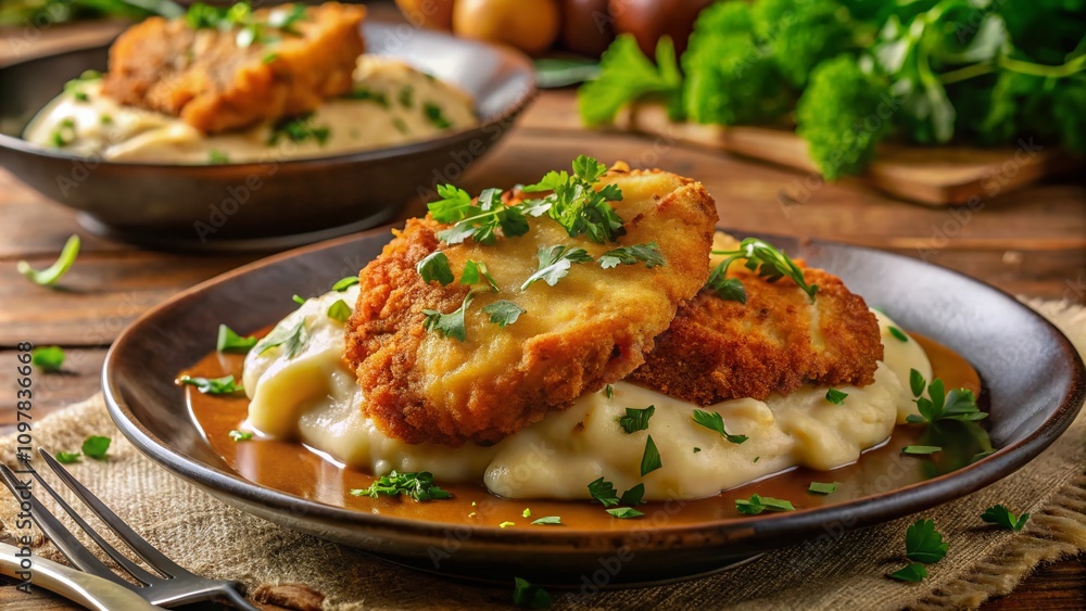 Crispy Breaded Chicken Cutlets on Creamy Mashed Potatoes with Fresh Herbs and Gravy, Perfect Comfort Food for Family Meals, Showcasing Delicious Gourmet Presentation and Textures Crispy Breaded Chicken Cutlets on Creamy Mashed Potatoes with Fresh Herbs and Gravy, Perfect Comfort Food for Family Meals, Showcasing Delicious Gourmet Presentation and Textures