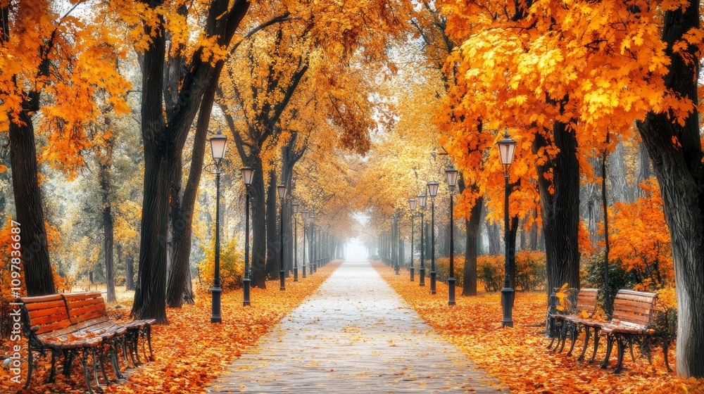 Naklejka premium Scenic view of a park in autumn with trees in vibrant fall colors, perfect for a peaceful walk