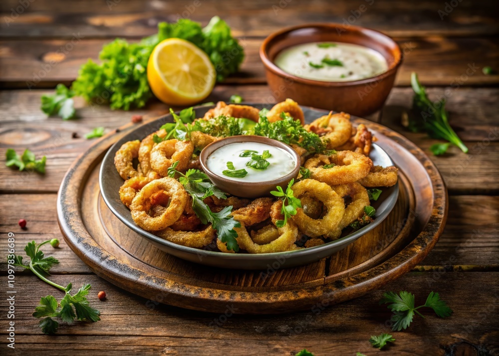 Crispy Fried Calamari with Herbs and Creamy Dipping Sauce on Rustic Plate - A Culinary Delight Captured in Documentary Style Photography for Food Lovers Crispy Fried Calamari with Herbs and Creamy Dipping Sauce on Rustic Plate - A Culinary Delight Captured in Documentary Style Photography for Food Lovers