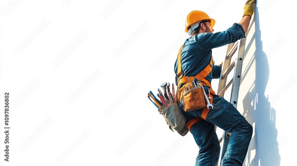 Naklejka premium Construction Worker Ascending Ladder Realistic Image