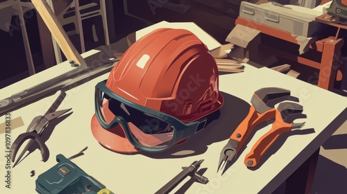 Construction Helmet and Tools Illustration - Safety Gear, Hard Hat, Worksite, Equipment, Workplace, Industry, Protection, Safety First, Construction, Tools, Gear