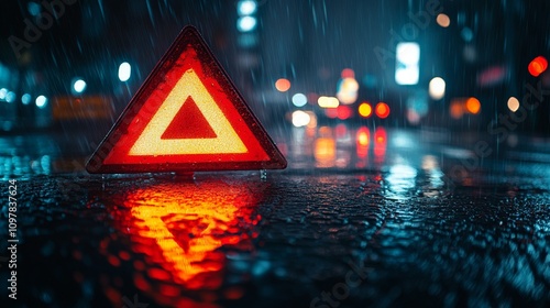 Red Emergency Triangle Reflecting on Rainy Road at Night