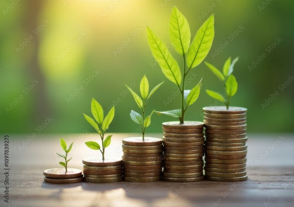 Plants growing from stacks of coins illustrate financial growth. Plants growing from stacks of coins illustrate financial growth.