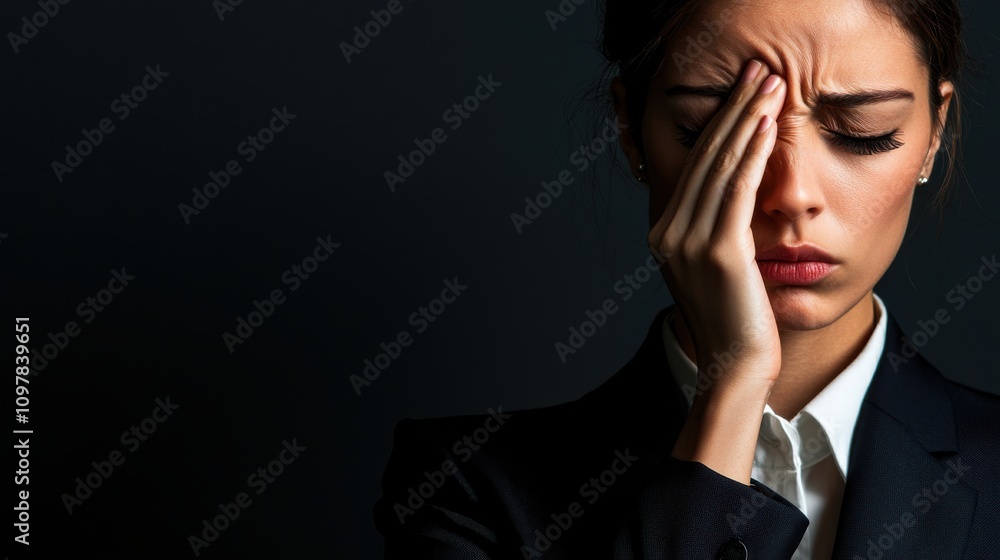 businesswoman anxiety balance Concept. A woman in a dark suit appears distressed, holding her forehead with a pained expression against a dark background. businesswoman anxiety balance Concept. A woman in a dark suit appears distressed, holding her forehead with a pained expression against a dark background.