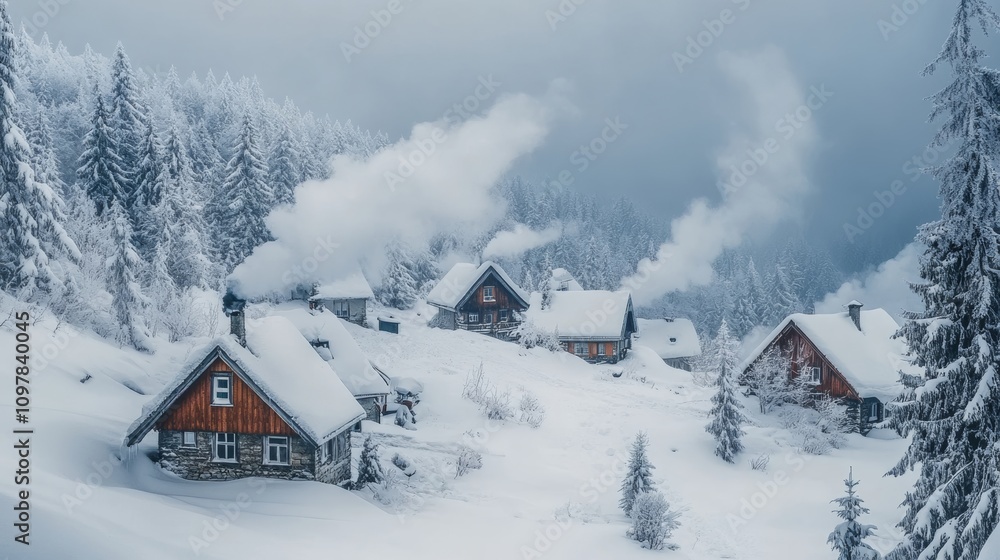 Naklejka premium Snowy village in winter with cozy cottages and smoke rising from chimneys
