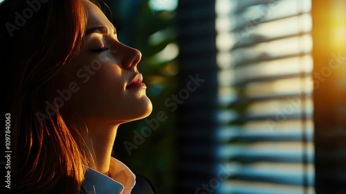 businesswoman anxiety balance Concept. A serene woman enjoys a moment of tranquility, bathed in warm sunlight filtering through slatted blinds.