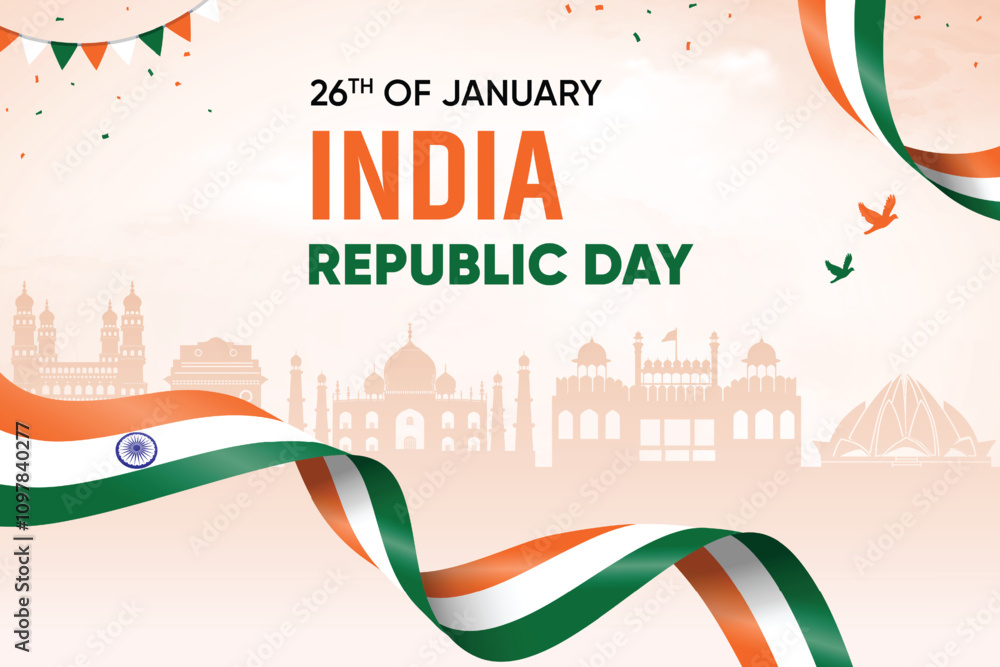 Obraz premium India Flag Waving On Skyline Background. Republic Day Concept Design Vector Illustration.