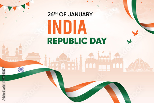 India Flag Waving On Skyline Background. Republic Day Concept Design Vector Illustration.