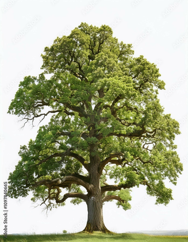 Fototapeta premium Oak tree with spreading branches on white background