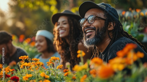 Fototapeta Naklejka Na Ścianę i Meble -  Happy diverse group of friends enjoying flowers in a garden.