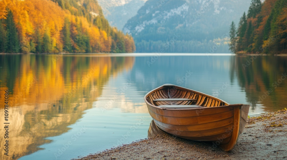 Fototapeta premium Wooden Rowboat on Tranquil Lake with Autumnal Mountain Reflections