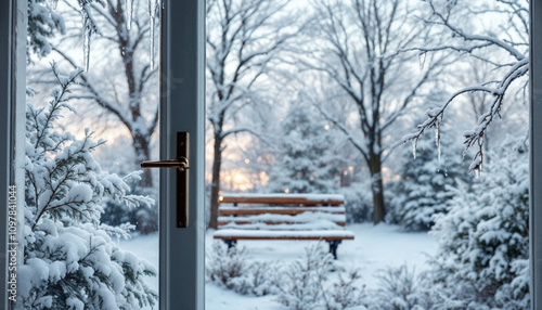 View through a window of a snowy winter garden with trees, a bench, and icicles hanging.

 photo