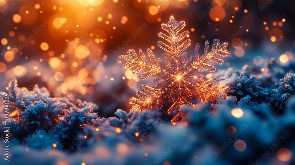 Fototapeta premium Radiant snowflakes capture winter's essence for Christmas decor. Their warm glow creates a cozy, joyful atmosphere, turning any space into a festive wonderland. Perfect for holiday celebrations.