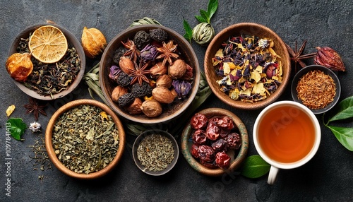 Assortment of tea cups, dried leaves, fruit and herbs in bowls on dark, stone background