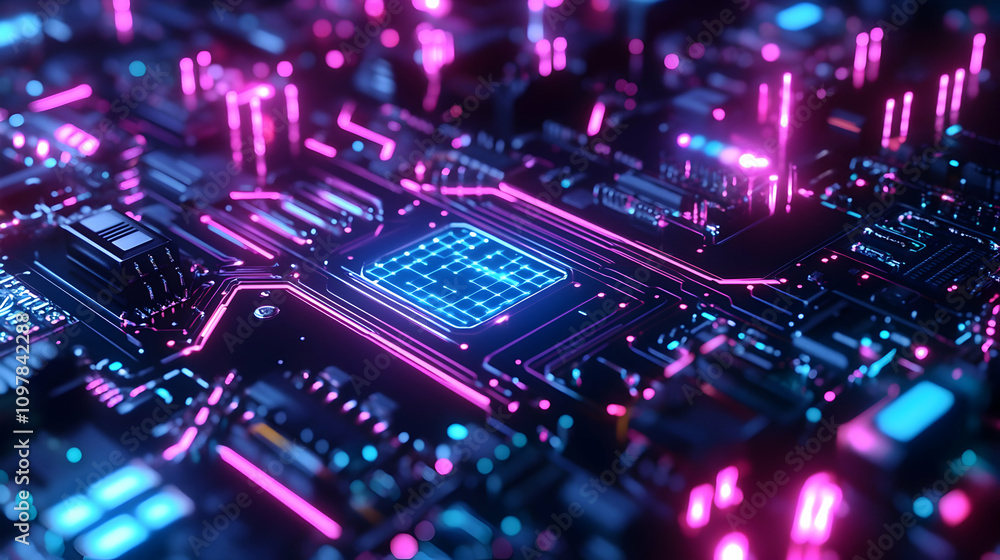 Fototapeta premium A glowing neon processor with pink and blue lights, showcasing an intricate design for advanced computational systems.