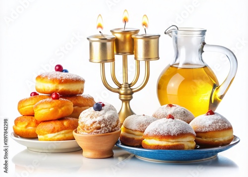 Delightful Hanukkah Feast Featuring Sufganiyot, Latkes, Sweets, and Olive Oil in a Jug on a Clean White Background with Copy Space for Text photo