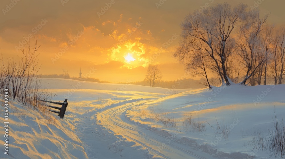 Winter sunrise over snow-covered fields, casting a golden light on the landscape Winter sunrise over snow-covered fields, casting a golden light on the landscape
