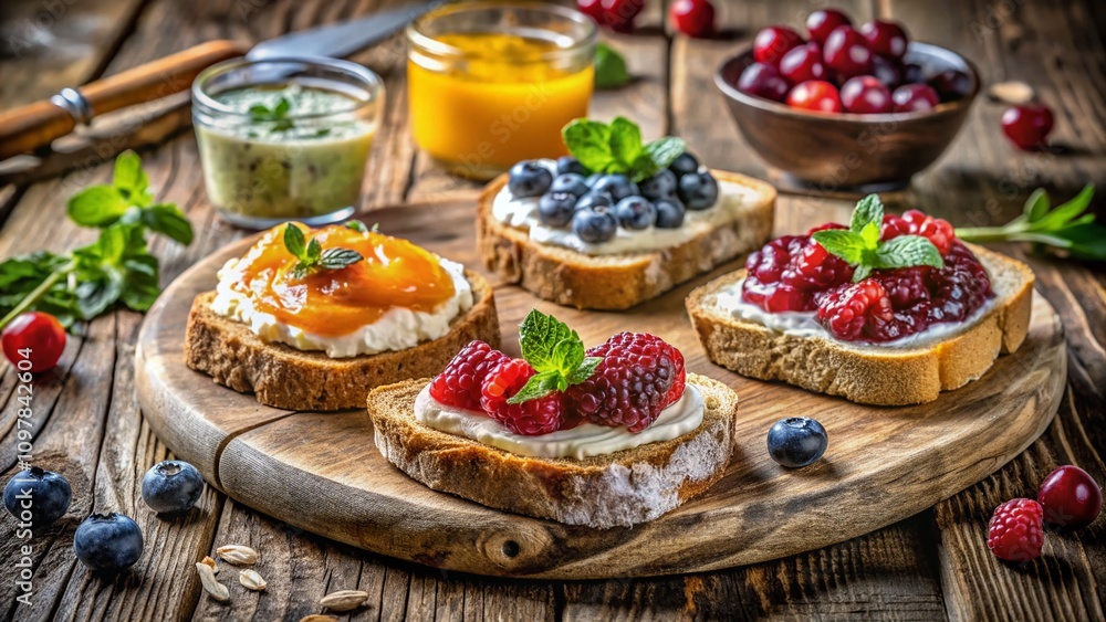 Delightful Portrait of Toasted Bread with Cream Cheese and Jam on a Rustic Wooden Table, Perfect for Breakfast or Brunch Inspiration with Warm Natural Lighting Delightful Portrait of Toasted Bread with Cream Cheese and Jam on a Rustic Wooden Table, Perfect for Breakfast or Brunch Inspiration with Warm Natural Lighting