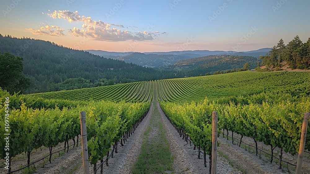 Fototapeta premium Picturesque Vineyard Rows Under Clear Blue Sky Captured in Vibrant Scenic Landscape Photograph