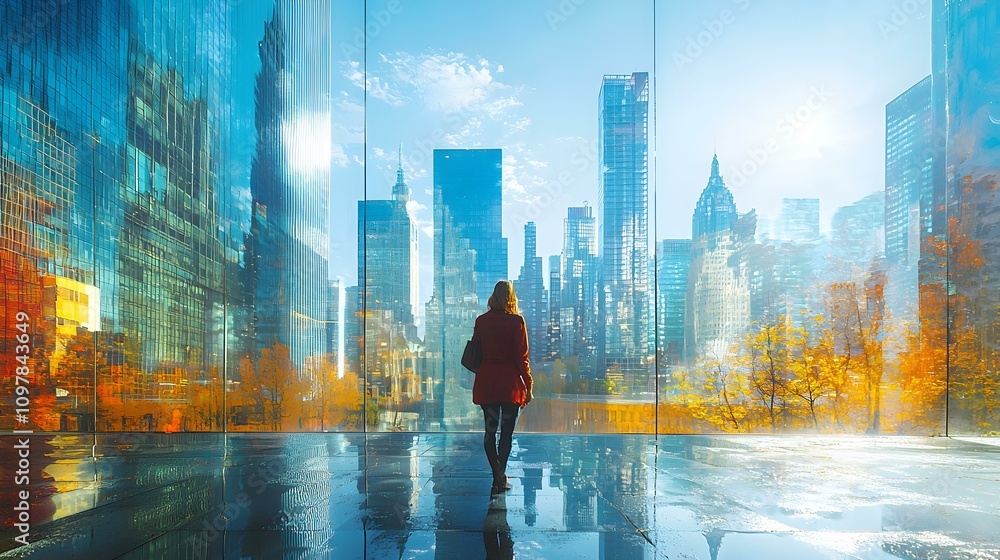 Obraz premium Majestic Urban Skyline: Glass Skyscrapers Illuminated by Reflective Sunlight
