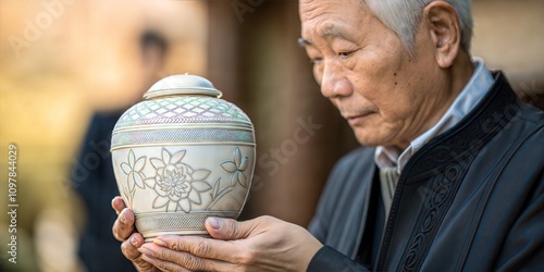 Elderly Asian man holding a funerary urn in a close-up shot with a solemn expression photo