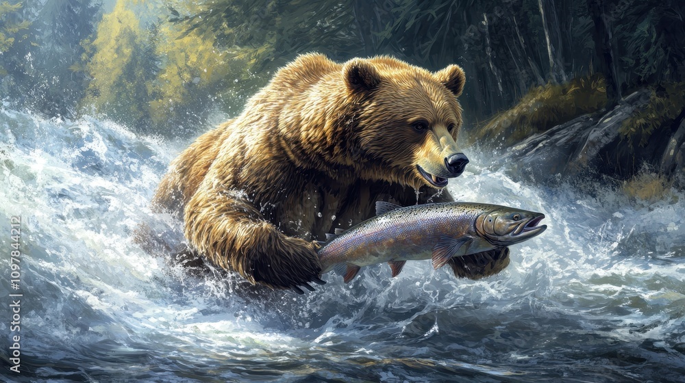 Obraz premium Realistic Bear Catching Salmon in River Scene