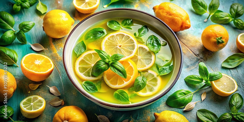Double Exposure of a Bowl of Soup Blended with Fresh Lemons and Fragrant Basil Leaves Capturing the Essence of Culinary Delights and Summer Flavors in a Whimsical Art Style Double Exposure of a Bowl of Soup Blended with Fresh Lemons and Fragrant Basil Leaves Capturing the Essence of Culinary Delights and Summer Flavors in a Whimsical Art Style
